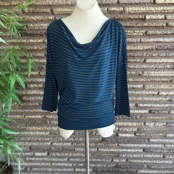Michael Stars Teal Blue and Gray Striped Slouchy Long Sleeve Cotton Modal Top OS - Picture 10 of 10